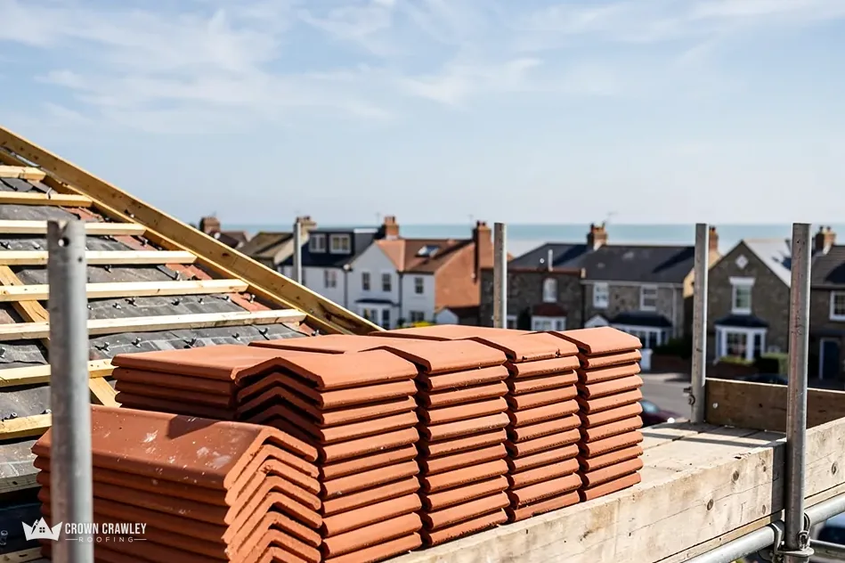 Stack of new clay tiles on scaffold beside roof timbers
