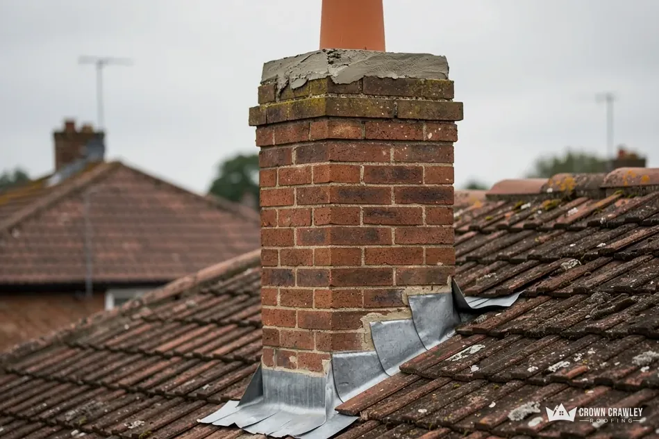 Brick chimney with lead flashing on an old tiled roof
