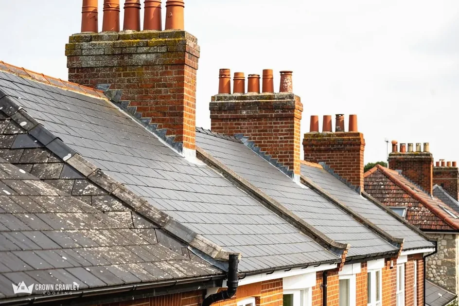 Row of terraced chimney stacks above slate roofs