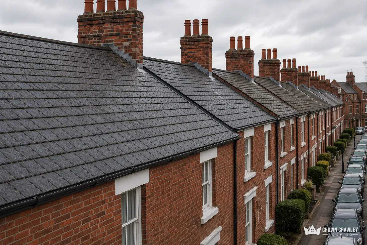 Long terrace of slate roofs with a line of brick chimneys