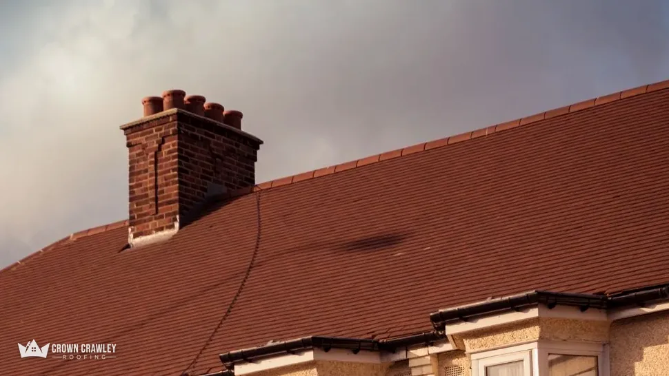 Brick chimney stack with pots on a red tiled roof