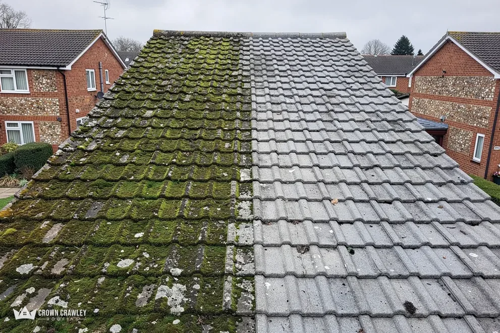 Tiled roof with one half cleaned and the other still covered in moss