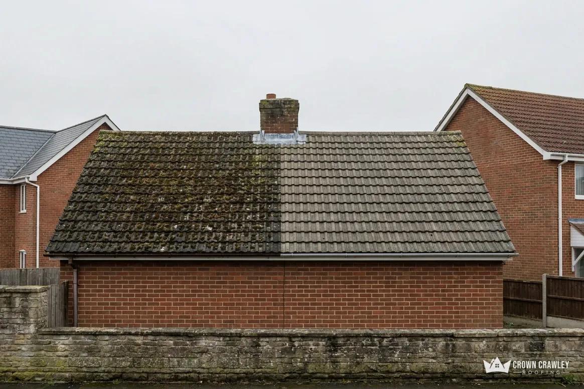 Garage roof partly cleaned of moss behind brick houses
