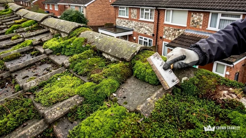 Gloved hand scraping thick moss off a concrete tile roof