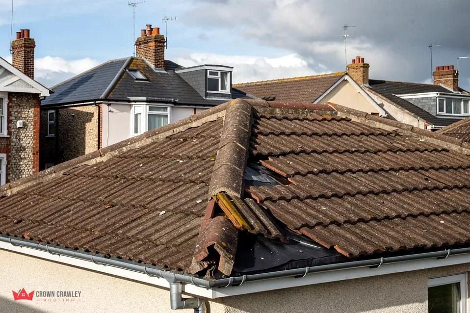 Damaged ridge tiles and exposed mortar at a roof hip