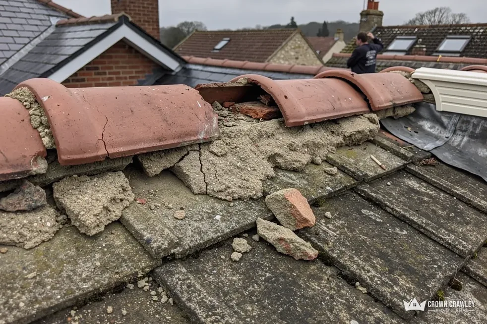 Crumbling mortar and cracked ridge tiles on a roof