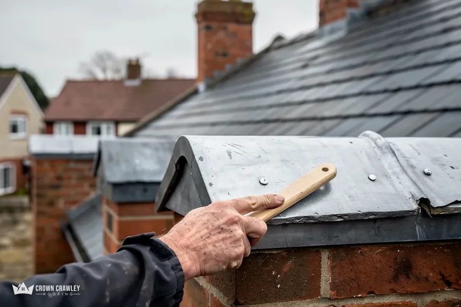 Hand brushing sealant on a lead-covered roof ridge