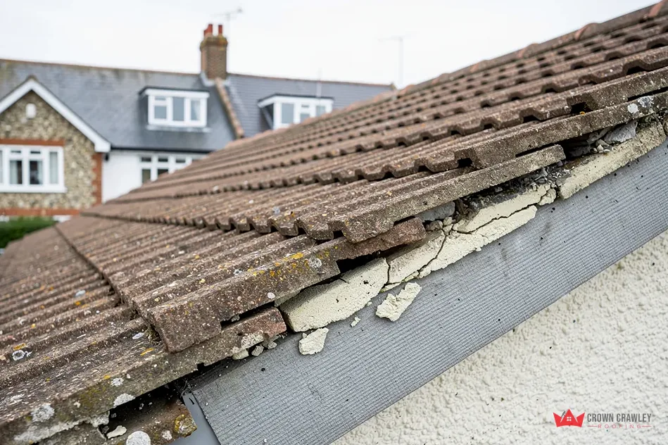 Lifted tiles and worn verge along a gable end