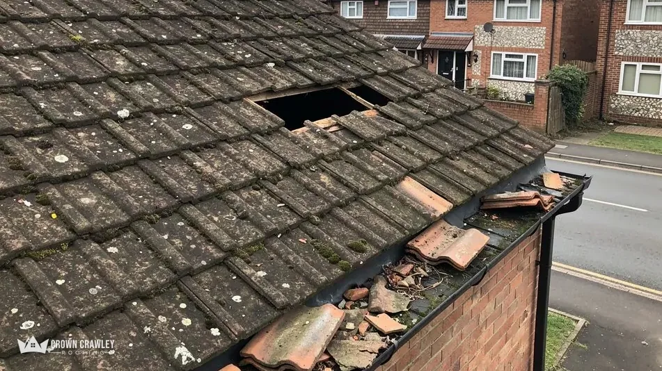 Tiled roof with a gap where tiles have slipped above a broken gutter