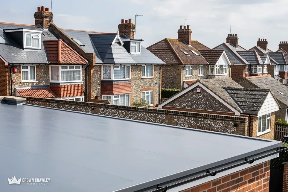 Smooth grey single-ply flat roof above brick walls
