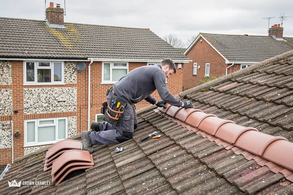 Roofer bedding a clay ridge tile on a pitched roof