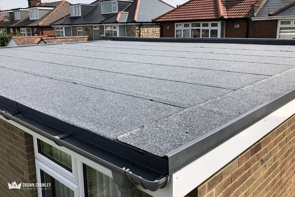 Grey flat roof with a metal edge trim on a house extension