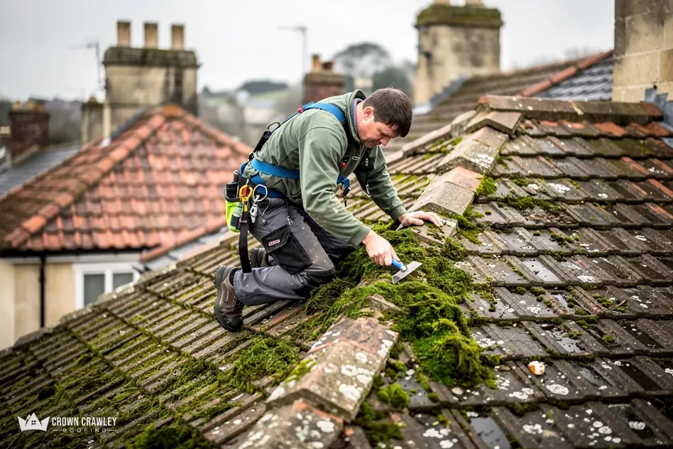 Roofer clearing moss from ridge tiles wearing a safety harness