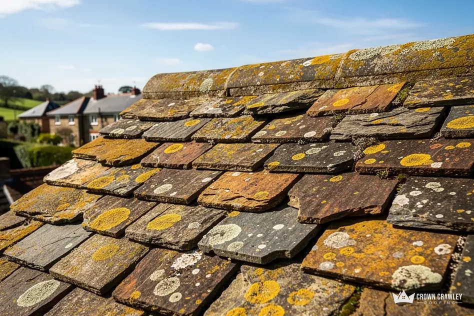 Stone-coloured slates covered in yellow lichen