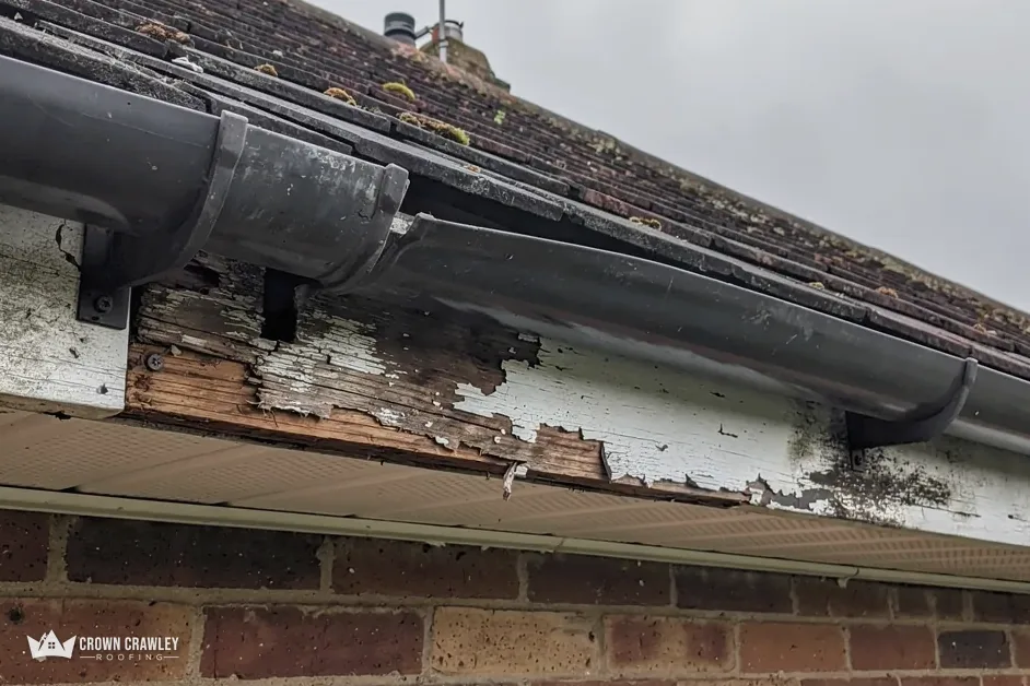 Peeling fascia and rusted guttering under tiled eaves