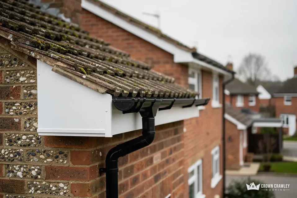 White fascia and black downpipe on the eaves of a brick house
