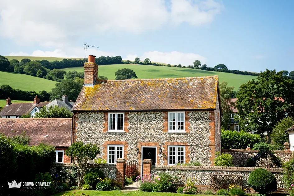 Flint cottage with a clay tiled roof set against green fields