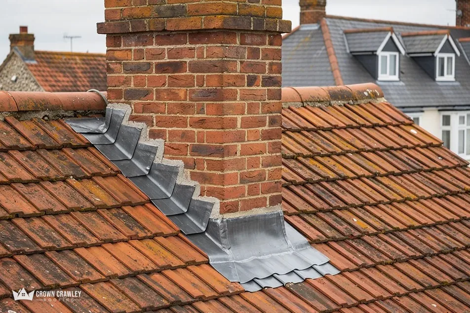 Stepped lead flashing around a brick chimney on a red tiled roof