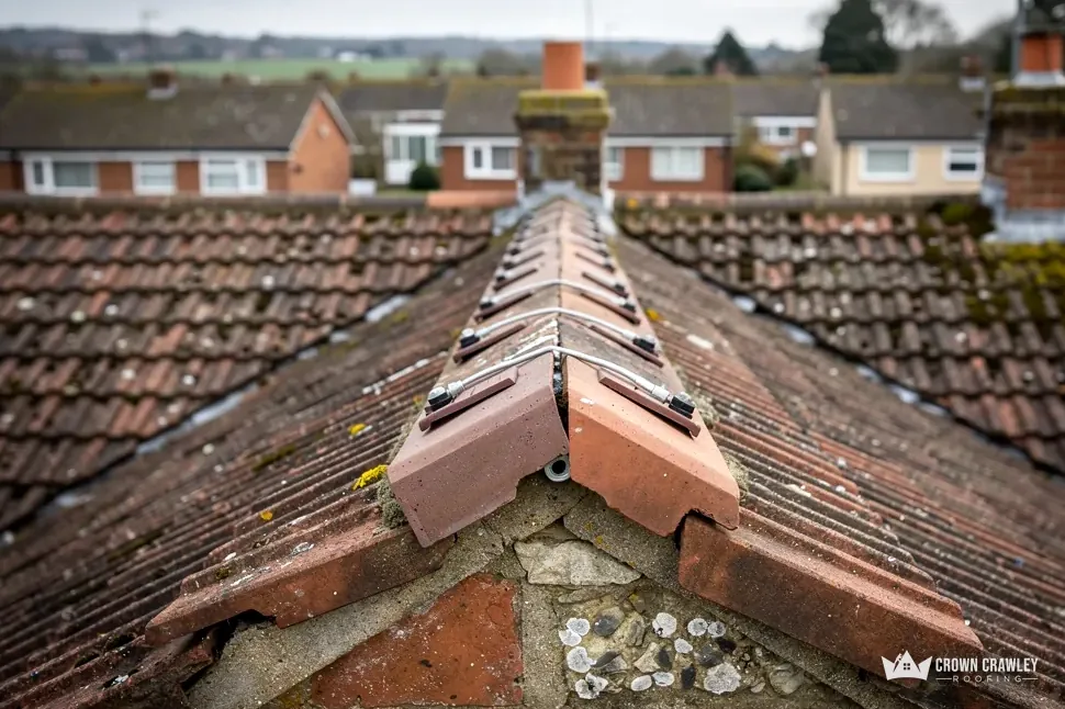 Clay ridge tiles along a hip on a pitched roof