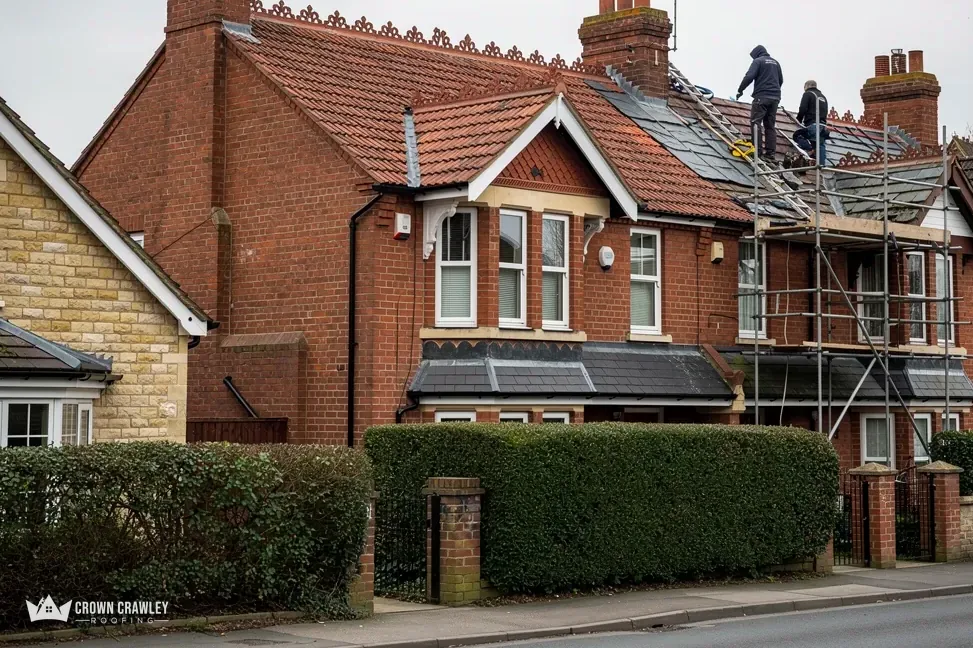 Roofers working on a scaffolded red-brick house