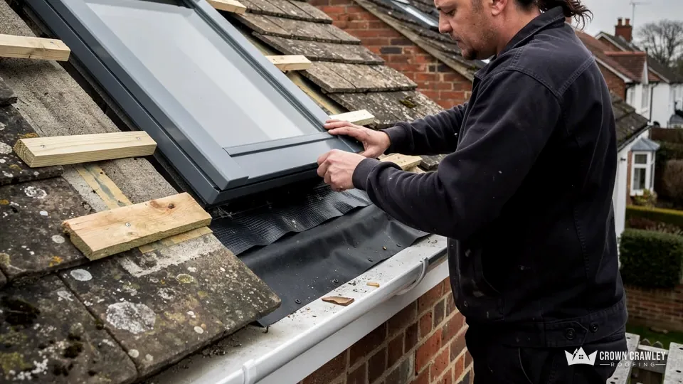 Roofer fitting a roof window into a tiled roof