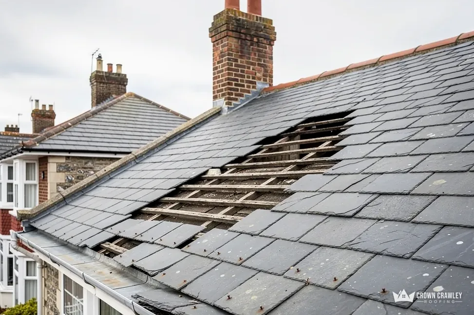 Slate roof stripped back to the battens on one slope