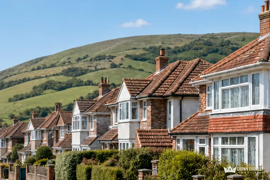 Row of suburban houses with tiled roofs below green downland