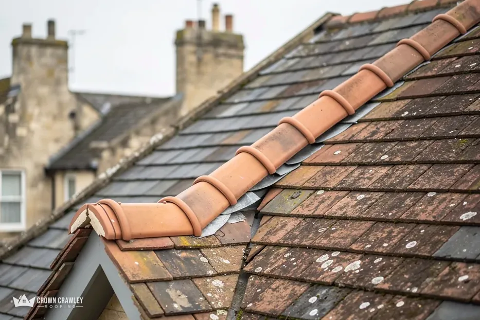 Clay ridge tiles along the hip of a weathered tiled roof