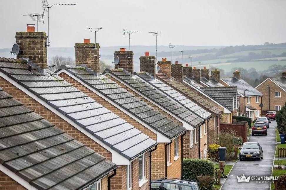 Terraced street with new grey tiled roofs