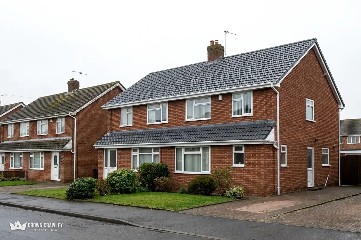 Detached red brick houses with grey tiled roofs on a quiet road