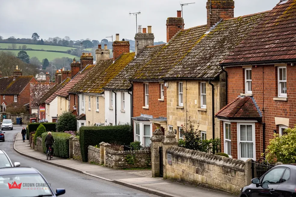 Village street of brick and render houses with old tiled roofs