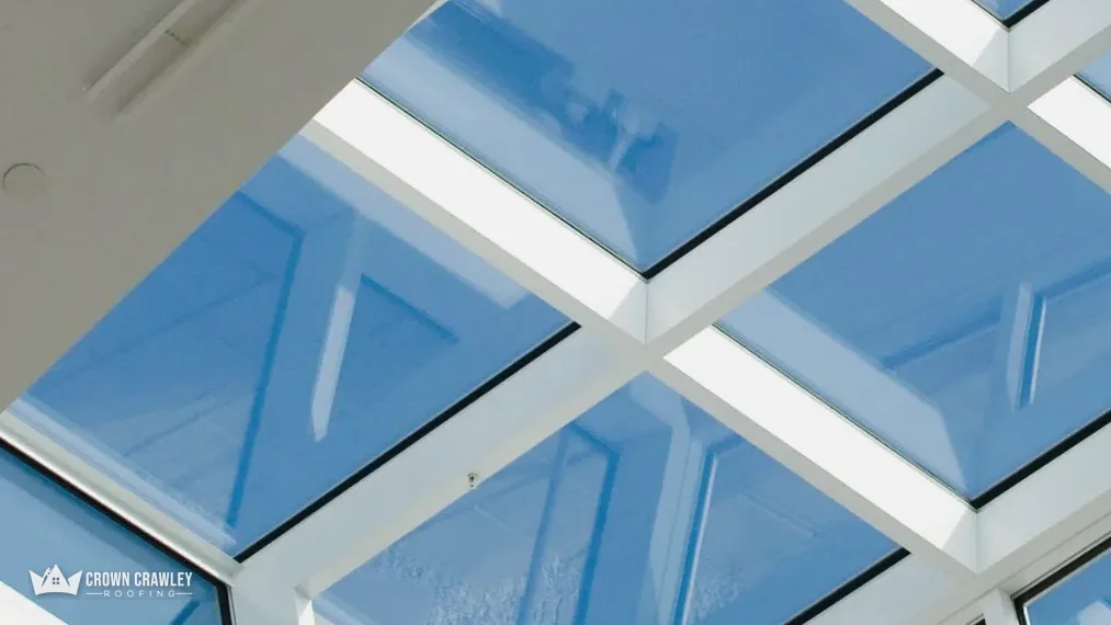 Glazed roof lantern with blue sky seen through the panes